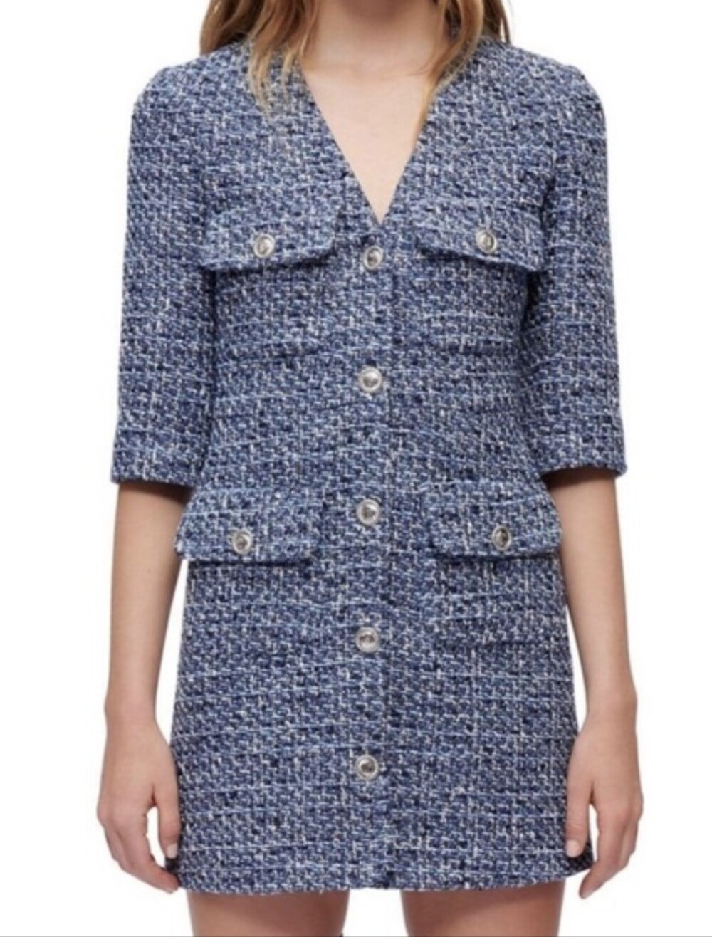 Maje Blue Tweed Button-Front Blazer Coat
